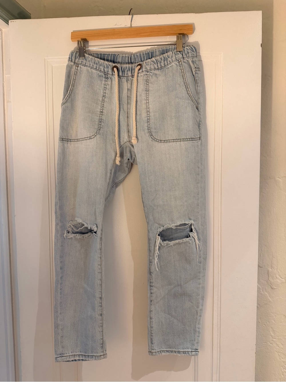 One Teaspoon Light Blue Slim Straight Distressed Drawstring Jeans